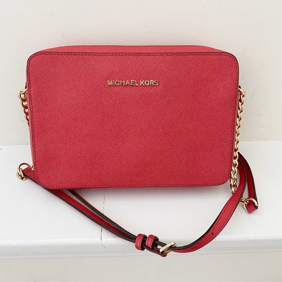 Michael Kors Handbags - Michael Kors Jet Set Travel Large Leather East West Crossbody Bag Red